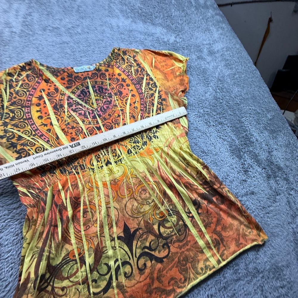 Unity World Wear Flame Orange Boho Hippie Top Shirt Womens XL Bejeweled - Picture 4 of 5